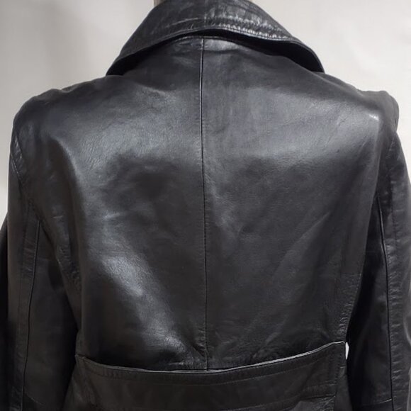 COLEBROOK BLACK ALL LEATHER TRENCHCOAT SNAPS FAUX BUTTON LINED FAUX BELT SIZE XL - Picture 7 of 16